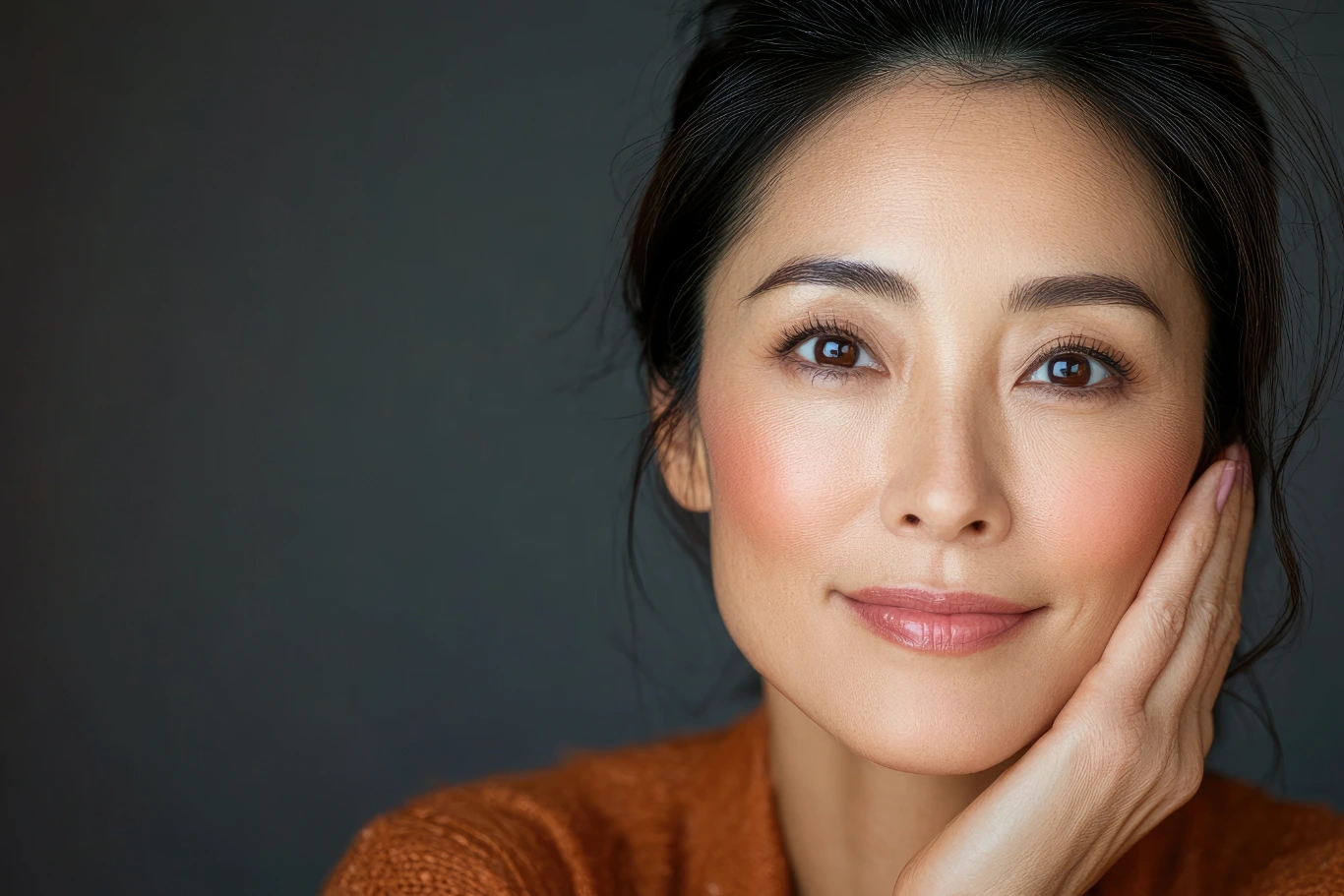 Calm woman with a natural beauty is posing on a grey background